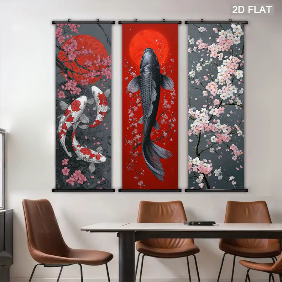 VIKAMA Wandteppich mit Koi-Fischen und Kirschblüten in Rot und Multicolour, Orientale Wandkunst für dein Zuhause, B/H: 40 x 40 cm - Bild 3