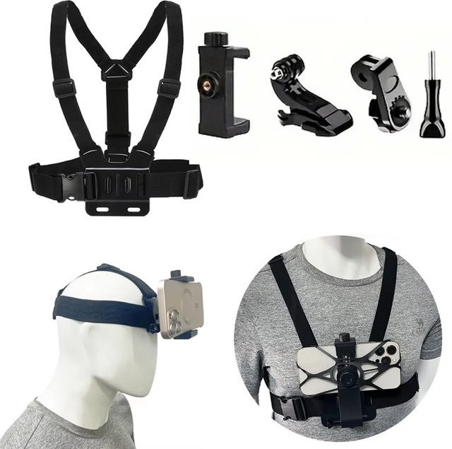 6er Set Sport Kamera Kit mit Kopf- und Brustgurten in Schwarz für GoPro und Osmo sowie Smartphone-Halterung - Bild 1