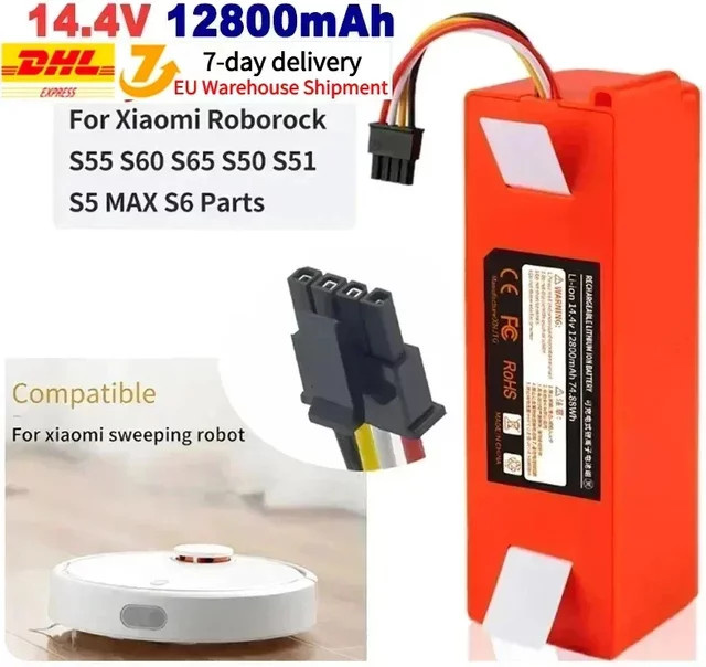 LIDIKALA Ersatzakku für Xiaomi Roborock S55 S60 S65 S50 S51 S5 MAX Roboterstaubsauger, 14,4V, 12800mAh, Orange - Bild 1