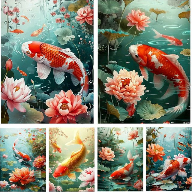 Potdemiel 5D DIY Diamantmalerei Set Koi-Fisch und Lotus Motiv in Multicolour als Wanddekoration - Bild 1