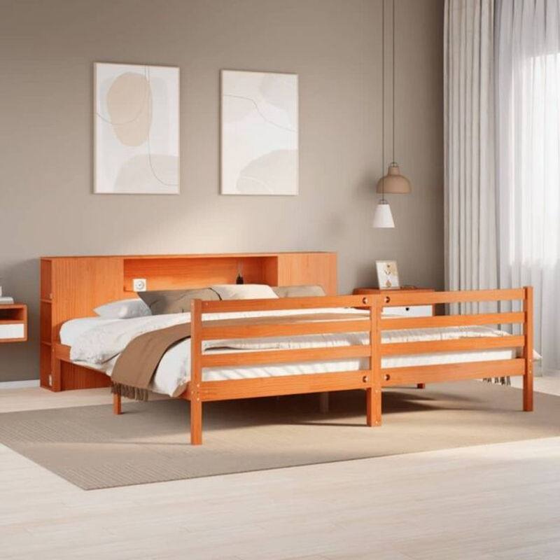 Massivholzbett aus Kiefer mit Regal von Vidaxl in Braun, B/T/H: 200 x 200 x 82 cm - Bild 1