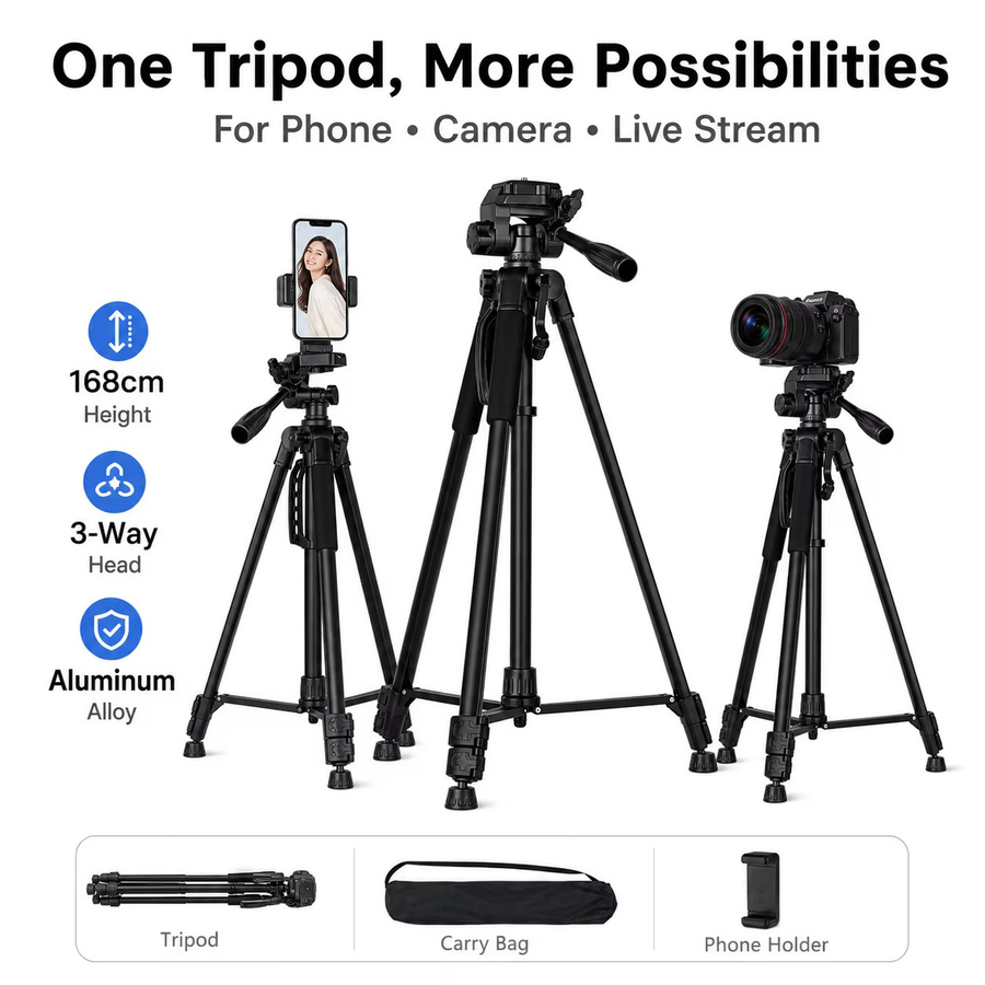 Tragbares Aluminium-Kamerastativ mit Handyhalterung in Schwarz, Höhe: 168 cm, ideal für DSLR, Smartphone, Live-Streaming und Fotografie - Bild 3