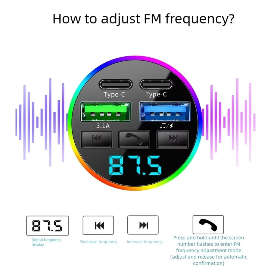 Kebidumei Bluetooth FM Transmitter mit Digitalanzeige, Dual USB und Typ C, Multifunktionaler Autoladegerät und MP3-Player, Schwarz - Bild 5