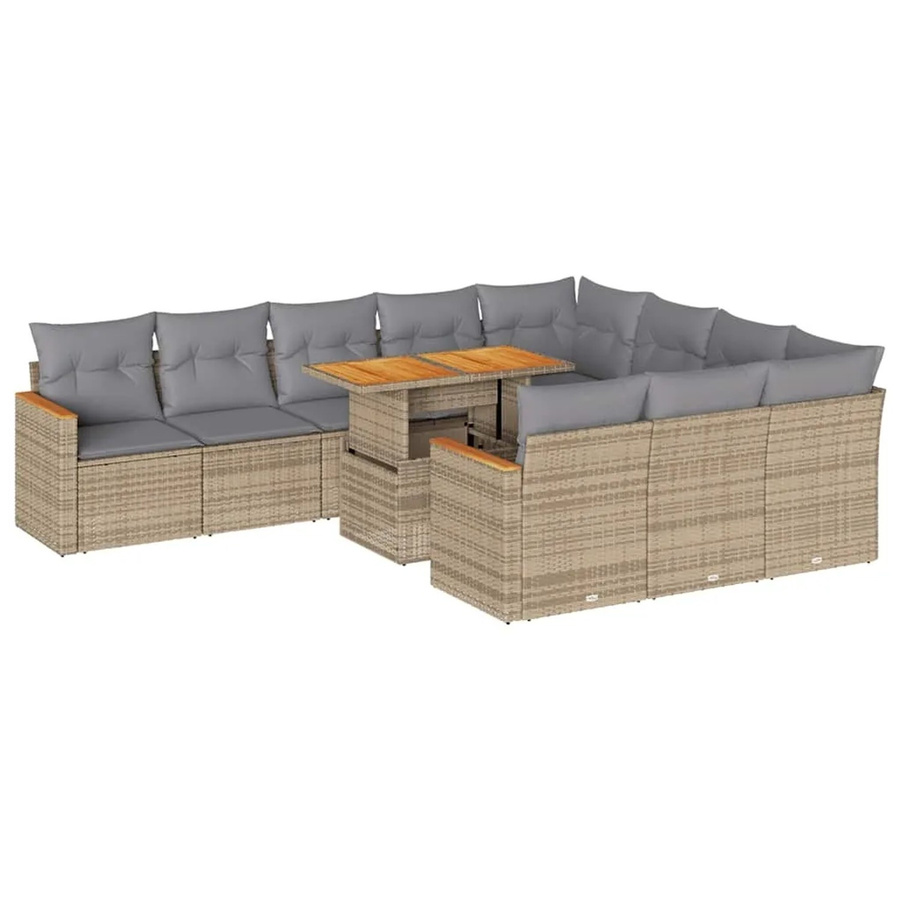 vidaXL 11-teilige Garten-Sofagarnitur aus Poly-Rattan und Akazienholz mit Kissen in Beige-Grau - Bild 2
