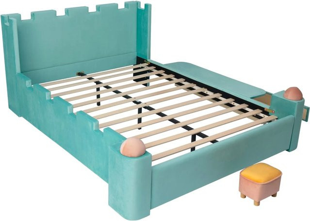 Merax Kinder Polsterbett mit Stauraum und Schubladen aus Samt, Blaugrün, B/T/H: 140 x 200 x 90,5 cm - Bild 1