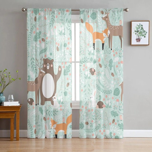 Transparente Volantvorhänge mit Aquarell-Wildtier-Motiv von A Family Of Home Textiles, moderne Tüllvorhänge aus Chiffon, Farbe: Weiß, Breite: 135 cm, Höhe: 114 cm - Bild 1