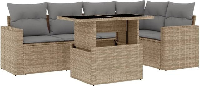 vidaXL 6-tlg Garten-Sofagarnitur in L-Form aus beigem Poly-Rattan mit UV-beständigen Polstern und pulverbeschichtetem Stahlgestell - Bild 1