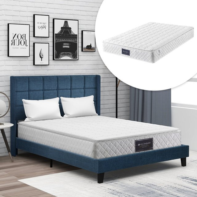 Aosom Doppelbett in Blau mit Federkernmatratze und Lattenrost in Leinenoptik, B/T/H: 140 x 200 cm - Bild 1
