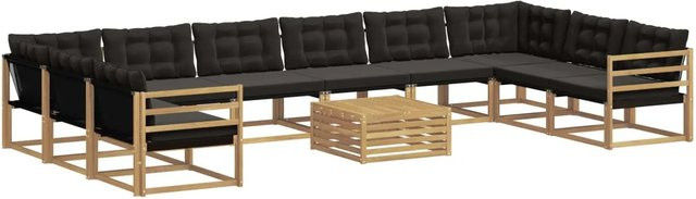 vidaXL Outdoor-Sofagarnitur in U-Form aus Akazienholz und Textilene mit Kissen, 11-teilig, Weiß-Schwarz - Bild 1