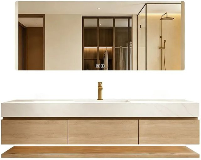 360Home Badmöbel Set in Weiß mit Sinterstein Waschbecken, Spiegelschrank mit LED-Beleuchtung und Anti-Beschlag-Funktion sowie Unterschrank mit Ablage, B/T/H: 140 x 55 x 76,5 cm - Bild 1
