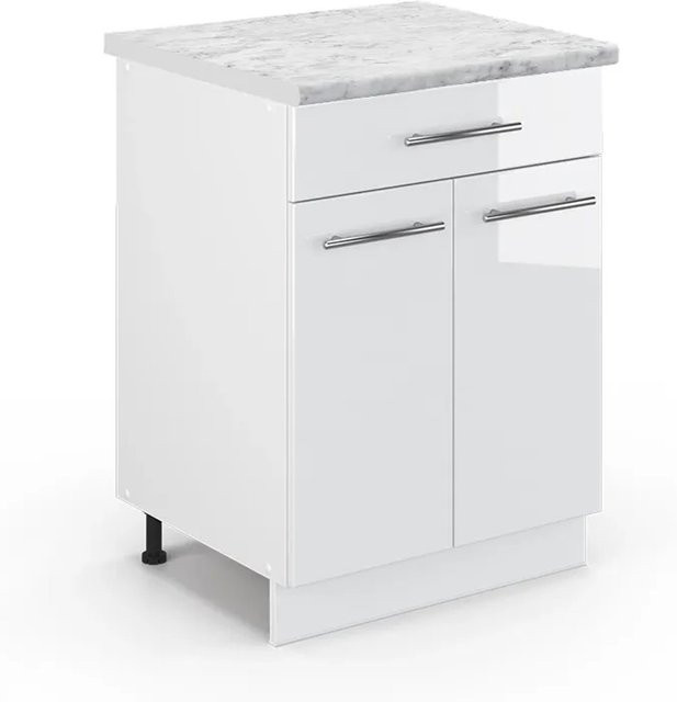 Vicco Küchenunterschrank Fame-Line Weiß Hochglanz mit Schublade und Marmor-Optik, Breite: 60 cm, Höhe: 82 cm, Tiefe: 53,5 cm - Bild 1