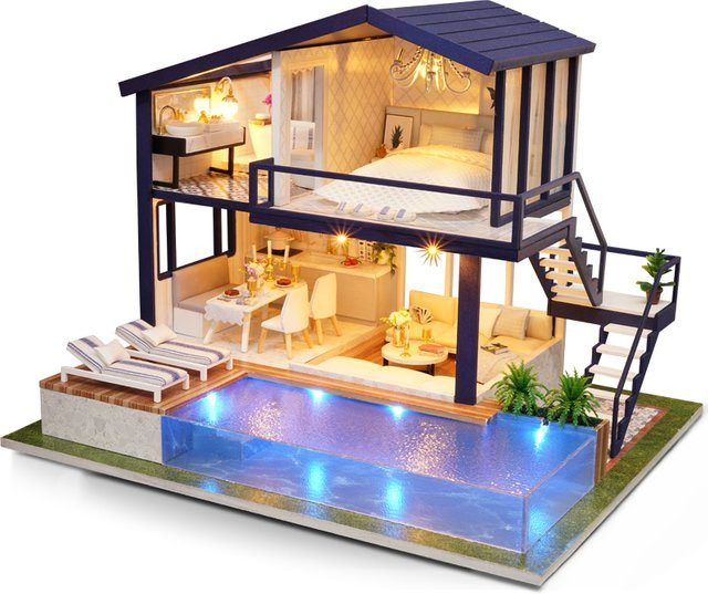Zuuton DIY Holz Puppenhaus Mini Gebäude Kit als 3D Puzzle zum Selberbauen mit Möbeln und Werkzeug in Mehrfarbig - Bild 1