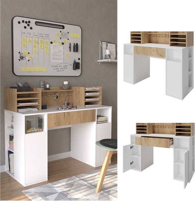 Vicco Schreibtisch Basteltisch XL Weiß Sonoma mit Regalen und Schubfach B/T: 126,8 x 100 cm - Bild 1
