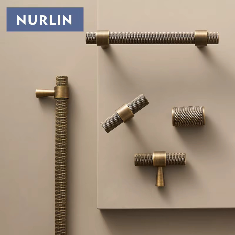 Nurlin Schubladengriff T-Bar Pull aus massivem Messing in Gold, gerändelt im Art Deco Retro Antik Industrie-Stil - Bild 2