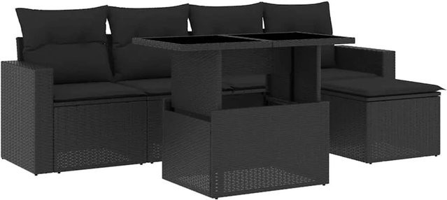 vidaXL 6-teilige Garten-Sofagarnitur aus Poly-Rattan in Schwarz mit Polsterkissen und pulverbeschichtetem Stahlgestell - Bild 1