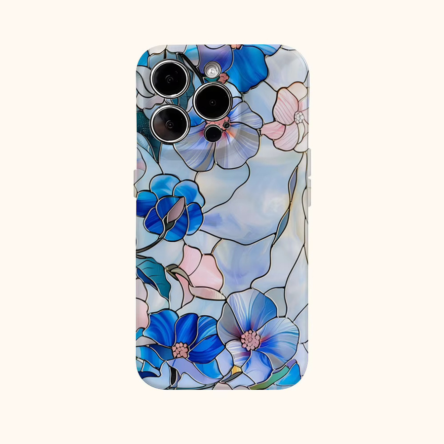 Blau-rosa Buntglas-Blumen-Handyhülle mit doppellagiger Rückseite für iPhone 17 Pro Max Plus 16 15 14 13 12 11 und iPhone 17AIR 16E - Bild 2
