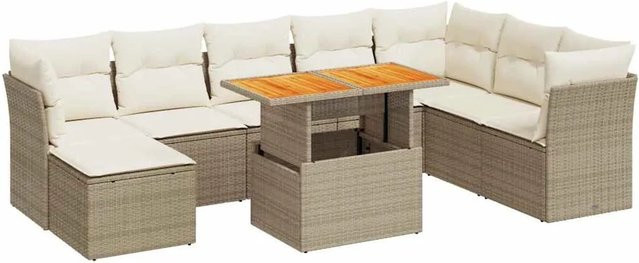 vidaXL 9-teilige Garten-Sofagarnitur in L-Form aus Polyrattan mit Kissen und Couchtisch in Beige - Bild 1