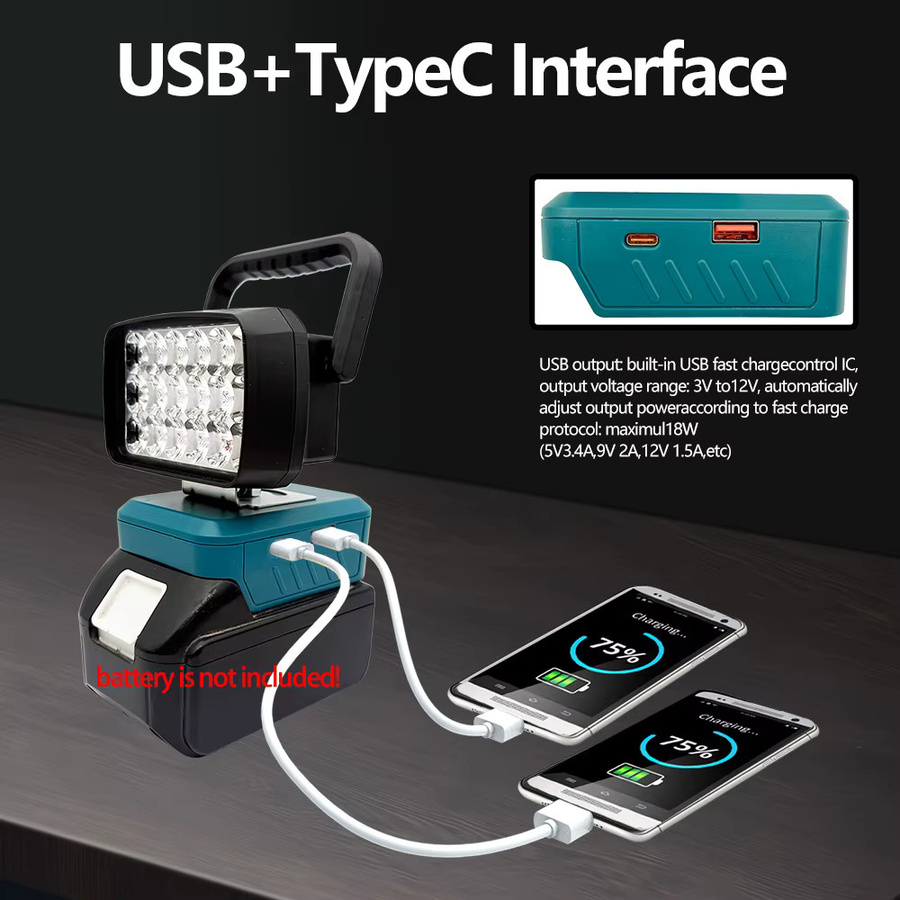 Dawupine USB Power Bank Arbeitslampe als LED-Flutlicht für Makita, Milwaukee, Dewalt und Bosch M18 Akkus, Schwarz - Bild 4