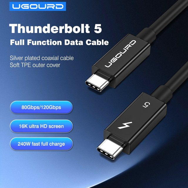 UGOURD Thunderbolt 5 Kabel USB-C zu USB-C Koaxialkabel in Schwarz mit 80Gbps, 240W und Unterstützung für 16K/8K für Mac Mini, MacBook und iPhone 16 - Bild 1