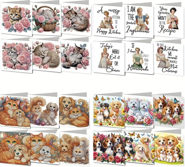 6-teiliges Set, DIY Diamantmalerei-Sets, Grußkarten, Tiere, Pappe / Karton - Bild 1