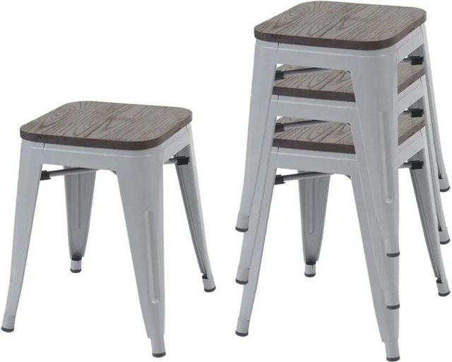 4er-Set MCW Hocker A73 im Industriedesign mit Holz-Sitzfläche und Metallgestell, grau, stapelbar, B/T/H: 39,0 x 39,0 x 45,5 cm - Bild 1