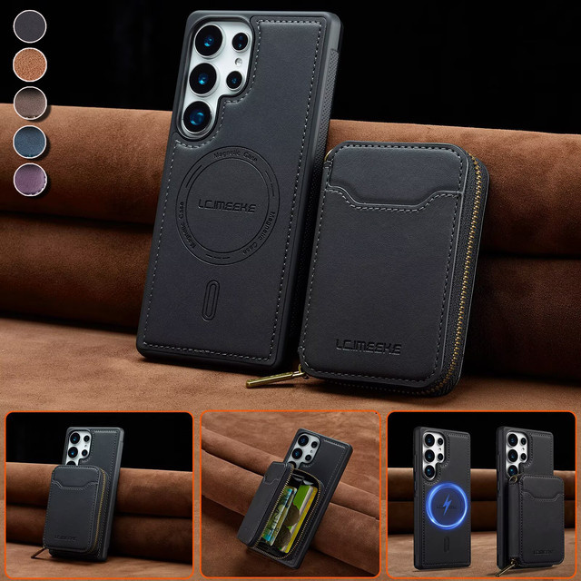 Abnehmbare MagSafe Leder Handyhülle mit Brieftaschen-Cover für Samsung Galaxy S26 S25 S24 S23 S22 S21 S20 FE in Schwarz - Bild 1