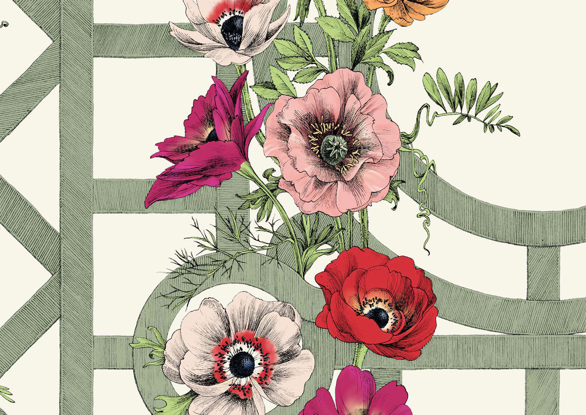 Edmond Petit Tapete Jardin d'Anémones Floral Botanisch in Orange, Rot und Grün - Bild 1