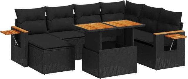 vidaXL 8-teilige Garten-Sofagarnitur in L-Form aus schwarzem Poly-Rattan mit Kissen und Akazienholz - Bild 1