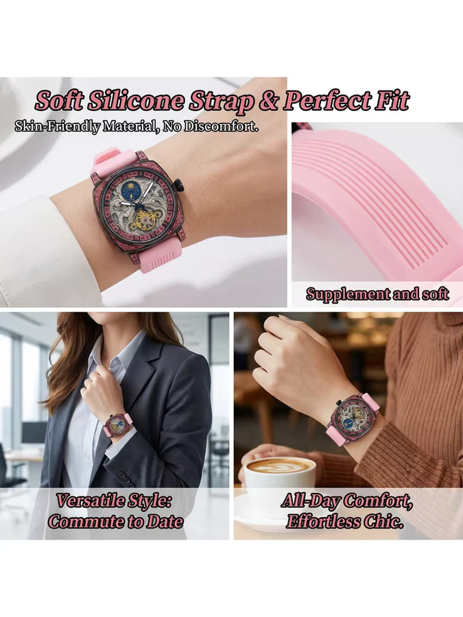 CAROTIF Armbanduhr, Mechanisch, Rosa Zifferblatt, Silikonarmband, Herren - Bild 7