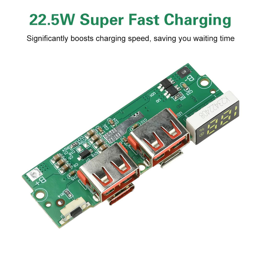 Aideepen DIY Power Bank Motherboard mit PD/QC/VOOC Schnellladefunktion, 2,5 W, grün, für 3,7 V Ternäre Lithium-Batterien mit USB-C Anschluss - Bild 2