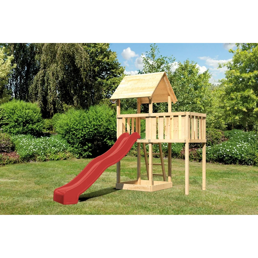 Karibu Spielturm Lotti mit Satteldach, Anbauplattform und Rutsche in Rot - Bild 2