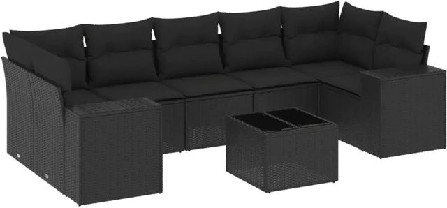 vidaXL 8-teilige Garten-Sofagarnitur in L-Form aus schwarzem Poly-Rattan mit Kissen und pulverbeschichtetem Stahlgestell - Bild 1