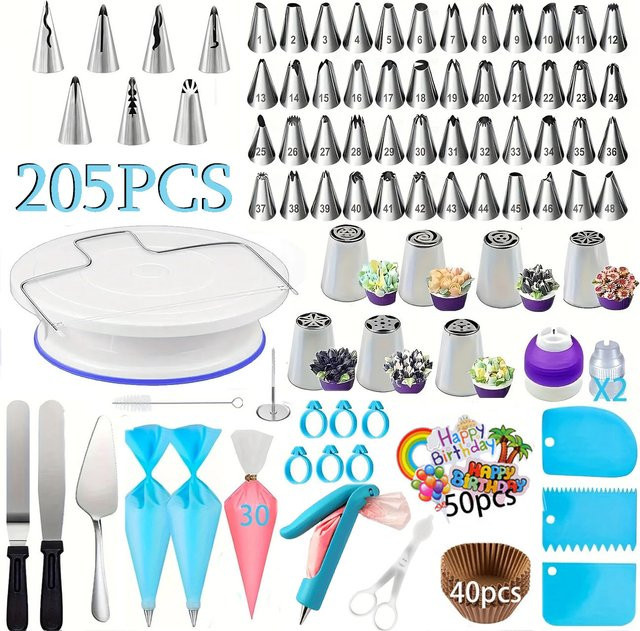 XMSJ 205-teiliges professionelles Kuchendekorations-Set mit Spritzbeuteln und Edelstahl-Tüllen zur Tortendekoration - Bild 1