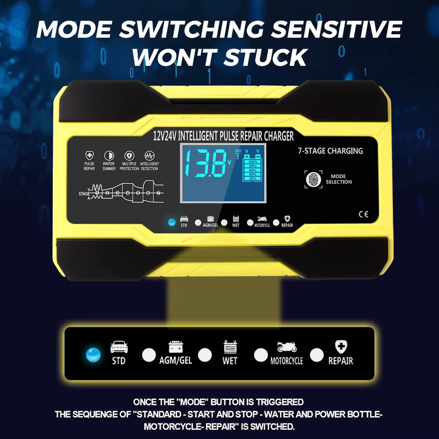 Intelligentes digitales Batterie-Ladegerät für Auto und Motorrad mit Display für 12V und 24V Blei-Säure-Batterien in Rot - Bild 3