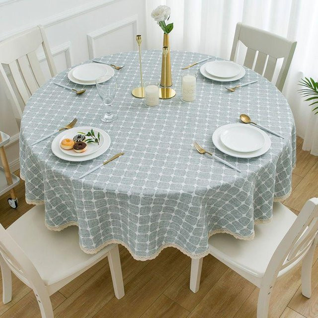 Runde Tischdecke aus Baumwoll-Leinen-Mischung mit Karomuster und Spitze in Grau, Durchmesser: 90 cm - Bild 1