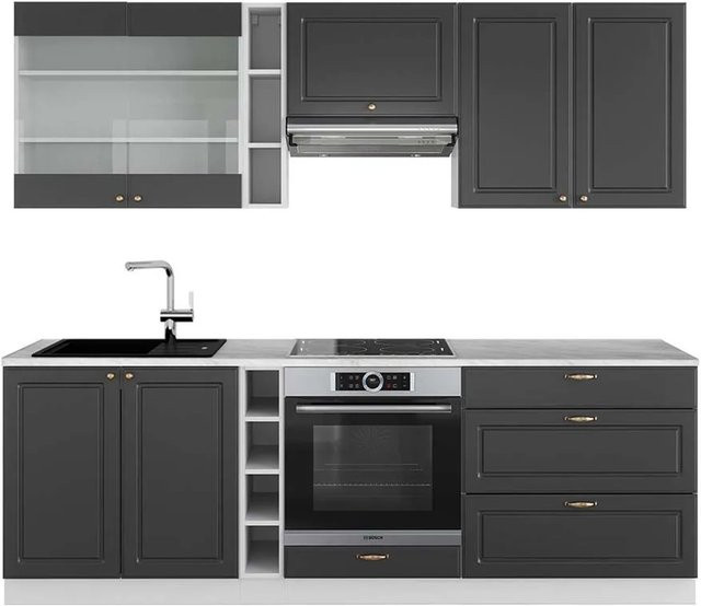 Vicco Fame-Line Küchenzeile in Anthrazit-Gold/Weiß mit Marmor-Optik, Breite: 235 cm - Bild 1