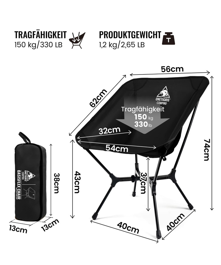OneTigris OasisFlex Campingstuhl in Schwarz, leichter Outdoor-Gartenstuhl für Strand, Picknick und Sport - Bild 3