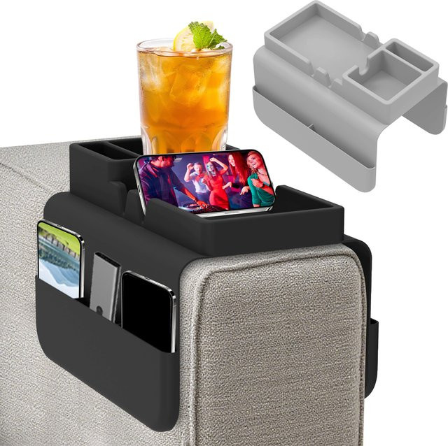 Willstar Sofa Armlehnen Organizer aus Silikon in Grau mit Getränkehalter und Seitentasche für Snacks, Telefon und Fernbedienung, B/T/H: 48,0 x 30,0 x 1,0 cm - Bild 1