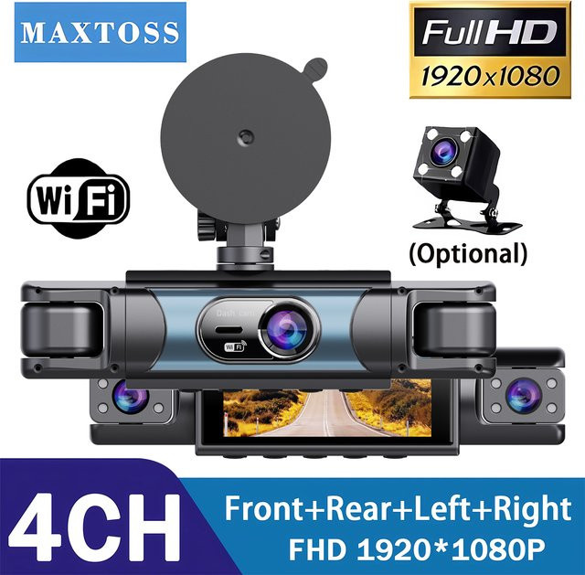 Maxtoss 4-Kanal Auto-DVR Dashcam mit 4 Linsen, 360° Rundum-Überwachung, UHD 1080P und WLAN, Schwarz - Bild 1