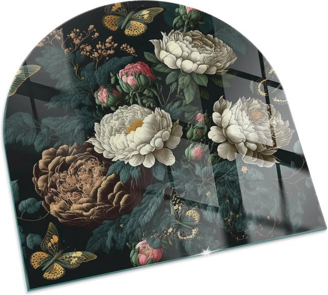 Tulup Kamin-Glasplatte im Halbkreis mit Blumenmuster und Schmetterlingen, Farbe Grün/Mehrfarbig, B x T: 100 x 100 cm - Bild 1