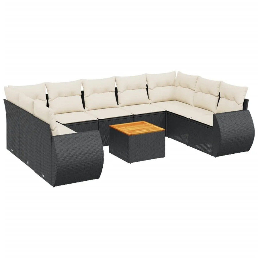 vidaXL 10-teilige Garten-Sofagarnitur aus Poly-Rattan und Akazienholz in Schwarz-Creme mit Kissen - Bild 2