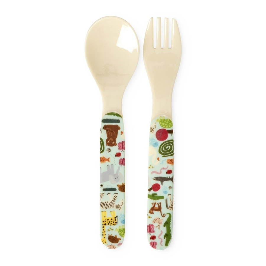 Rice Melamin Löffel und Gabel Set Wildlife in Blau und Multicolour für Kinder - Bild 1