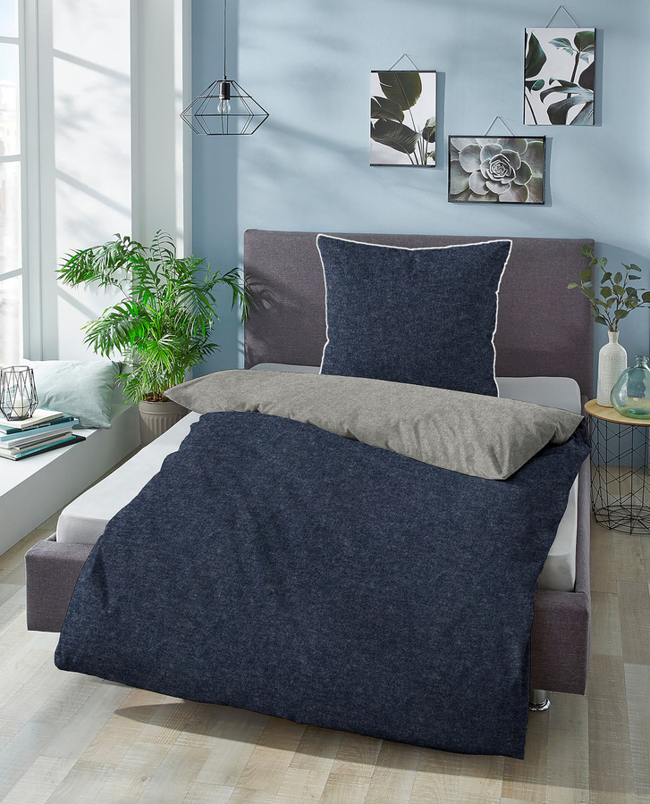 Biberna Bettwäsche aus Baumwolle Flanell in Nautical Blau und Grau mit Kissenbezug 80 x 80 cm und Bettbezug 155 x 200 cm - Bild 2