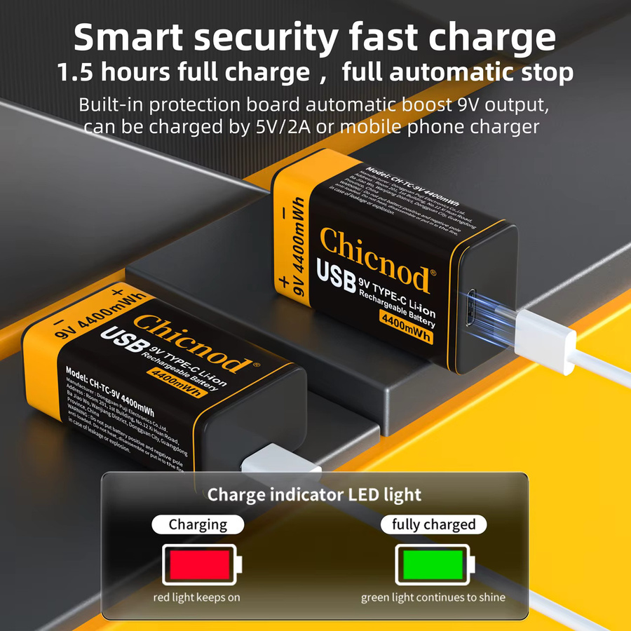 CHICNOD 9V Li-Ionen Akku mit USB Typ C, 4400mWh wiederaufladbare Batterie für Gitarrenpedale und Multimeter - Bild 4