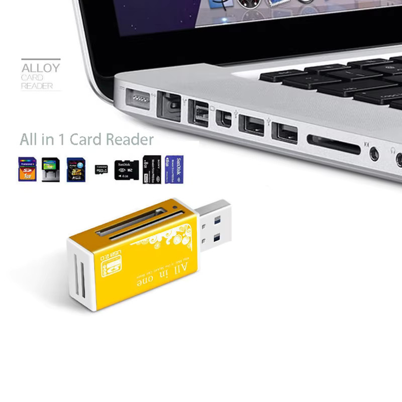 OULLX Speicherkartenadapter aus Legierung mit 4 USB 2.0 Ports für Micro SD, TF, M2, MS, Pro Duo, MMC und SDHC in Gold mit LED-Anzeige - Bild 2