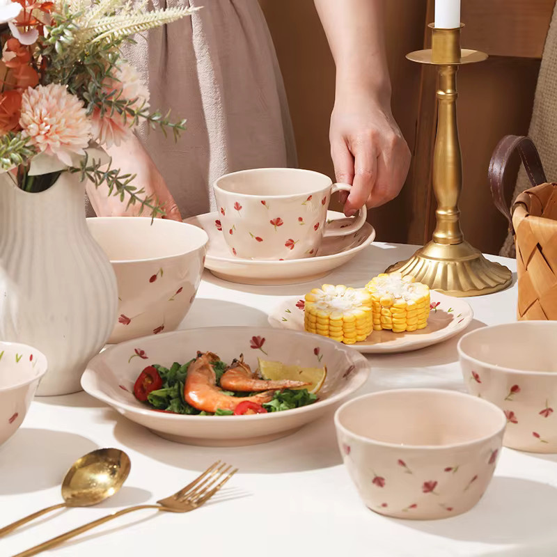 SOLECASA Keramik Geschirrset mit Blumenmuster bestehend aus Essteller, Suppenschüssel, Salatschüssel und Kaffeetasse, mikrowellengeeignet - Bild 3