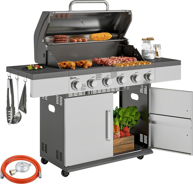 Outsunny Gasgrill Grillwagen mit 6 Edelstahl-Brennern und Thermometer, H x B x T: 110 x 141 x 55 cm - Bild 1