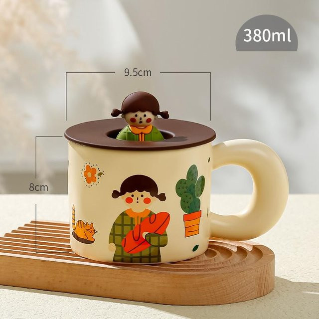Yiran Furniture Cartoon Keramikbecher mit Deckel, weiß und mehrfarbig, 350,5 ml - Bild 1