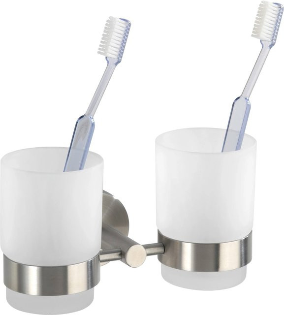 Wenko Zahnputzbecher Duo Bosio in Silber Matt mit Halter, B/T/H: 9,5 x 17,5 x 9 cm - Bild 1