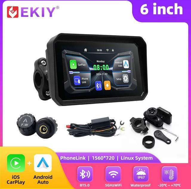 EKIY 6-Zoll WiFi Motorrad-Navigationsgerät mit Apple CarPlay und Android Auto, wasserdichter GPS-Bildschirm in Schwarz - Bild 1
